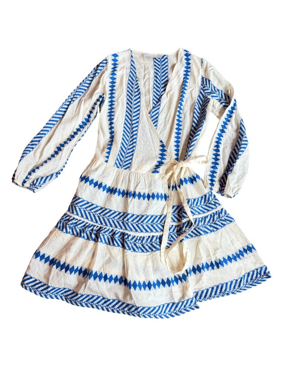 Kasia Blue Cream Tribal Print Wrap Dress Mini Long Sleeve Fun Print Size Medium